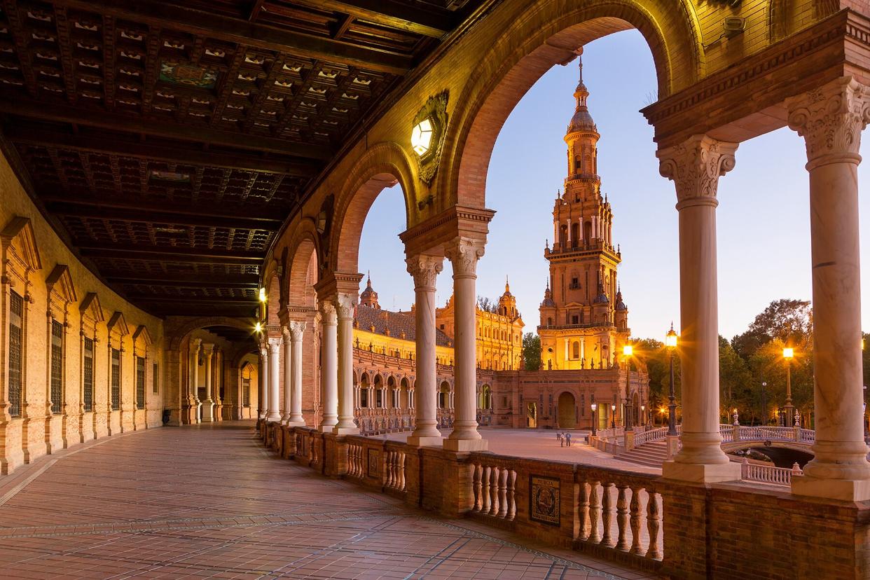 Plaza de Espana in Seville, Spain, at dusk