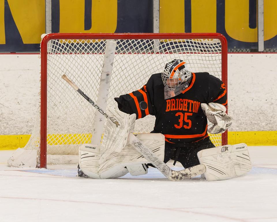 Brighton's Levi Pennala stopped both shots he faced in a shootout against Hartland Saturday, Nov. 25, 2023.