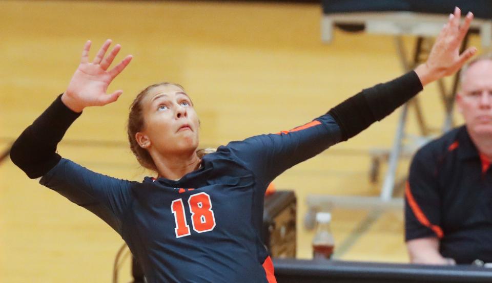 Harrison Riley Whitlock (18) prepares to spike the ball during the IHSAA girls volleyball match against Frontier, Tuesday, Aug. 22, 2023, at Harrison High School in West Lafayette, Ind. Harrison won 3-0.