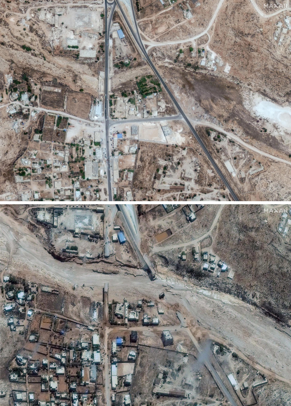 Esta combinación de imágenes satelitales de Maxar Technologies muestra, en la parte superior, una carretera costera en Derna, Libia, el 1 de julio de 2023, y en la parte inferior la misma zona el miércoles 13 de septiembre de 2023, luego de ser devastada por una inundación. (Imagen satelital ©2023 Maxar Technologies vía AP)