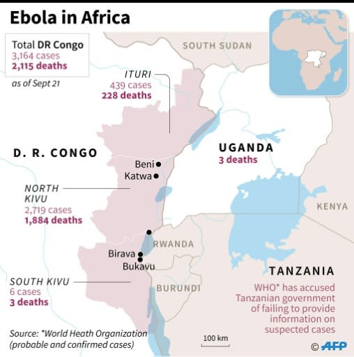 Map showing Ebola cases and deaths in DR Congo and neighbouring Uganda