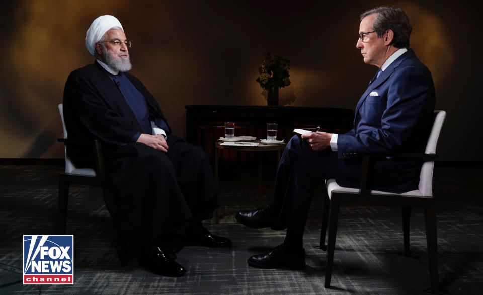 In this photo provided by FOX News Channel, Iranian President Hassan Rouhani, left, speaks with FOX News Channel's Chris Wallace during an exclusive interview on Tuesday, Sept. 24, 2019 in New York. The interview went on the FOX News Channel's Special Report and FOX News @ Night program on Tuesday. (FOX News Channel via AP)