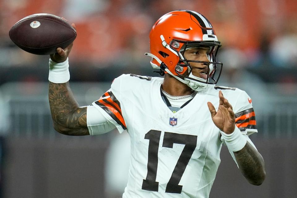 Cleveland Browns quarterback Dorian Thompson-Robinson passes during the second half against the Washington Commanders on Aug. 11 in Cleveland.