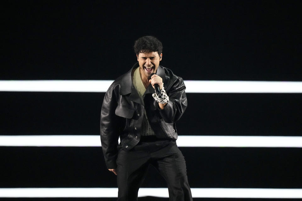 Eric Saade performs the song Popular during the opening of the first semi-final at the Eurovision Song Contest in Malmo, Sweden, Tuesday, May 7, 2024. (AP Photo/Martin Meissner)