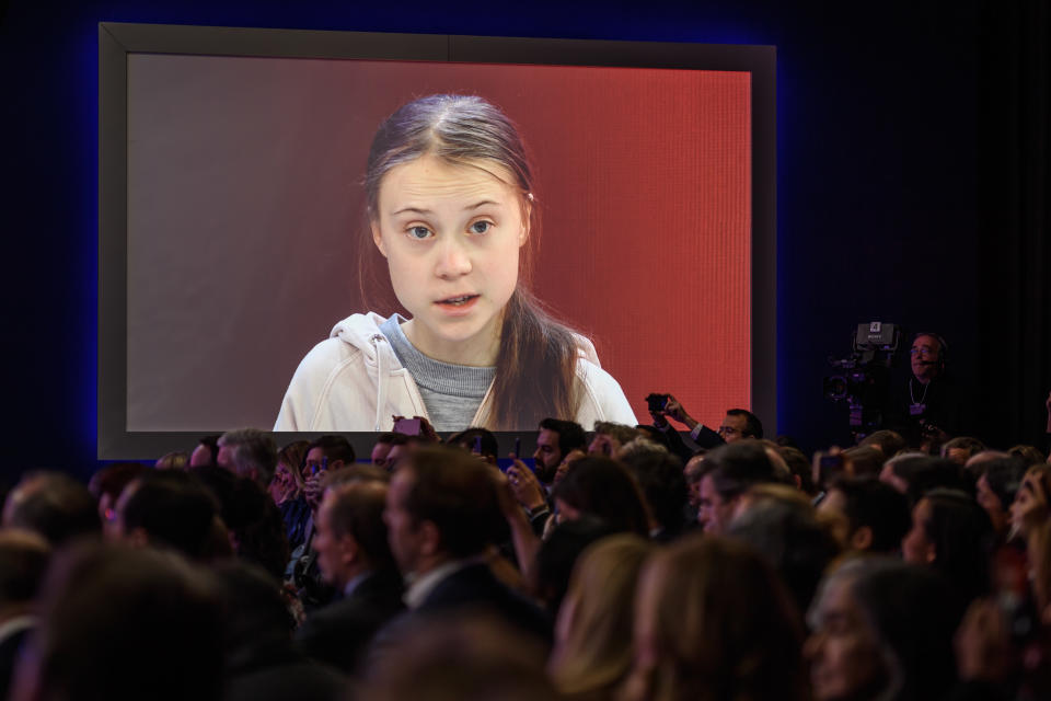 TOPSHOT - Swedish climate activist Greta Thunberg attends a session at the Congres center during the World Economic Forum (WEF) annual meeting in Davos, on January 21, 2020. (Photo by Fabrice COFFRINI / AFP) (Photo by FABRICE COFFRINI/AFP via Getty Images)