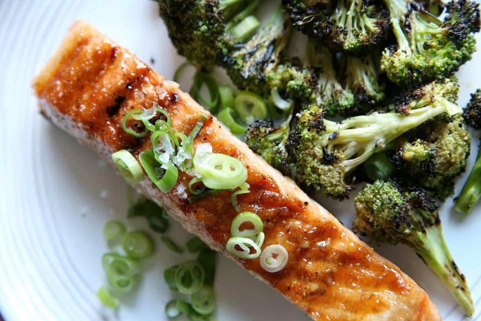 23) Ginger-Glazed Salmon with Charred Broccoli