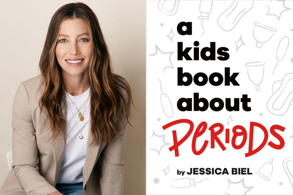 <p>Courtesy of A Kids Co.; Olga Milijko</p> Jessica Biel and the cover of her book, 