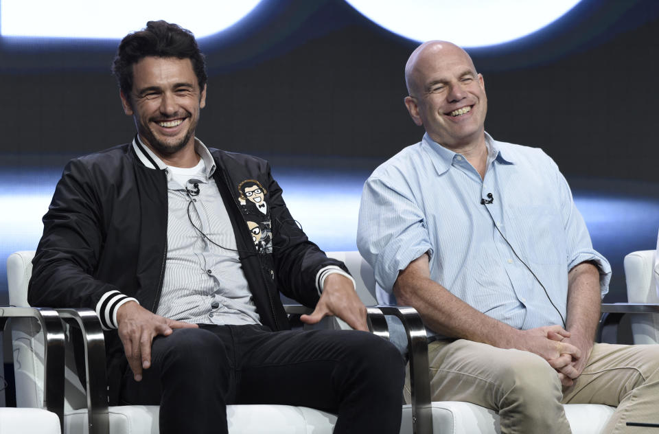 Actor/executive producer James Franco, left, and executive producer David Simon participate in "The Deuce" panel during the HBO Television Critics Association Summer Press Tour at the Beverly Hilton on Wednesday, July 26, 2017, in Beverly Hills, Calif. (Photo by Chris Pizzello/Invision/AP)