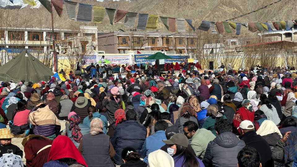 Protesters gather in Leh to join and support a hunger strike calling for attention to environmental threats and more rights and protections for the territory. - Courtesy Sonam Dorje