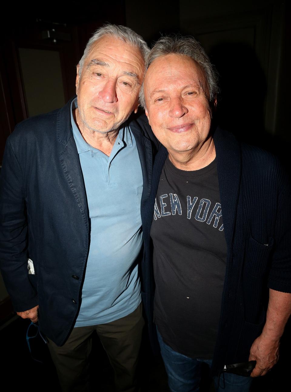 Robert De Niro and Billy Crystal pose backstage at the hit musical "Mr. Saturday Night" on Broadway at The Nederlander Theater on July 6, 2022 in New York City.