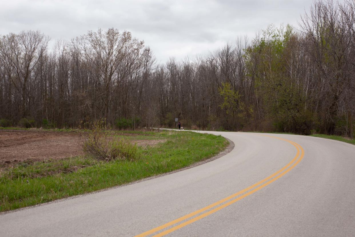 A resident walks their dog on Najacht road April 30. The proposed Urban Middle School rebuild lot can be seen to the left of the road.