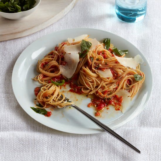 Angel Hair Pasta with Red Pepper Pesto and Basil