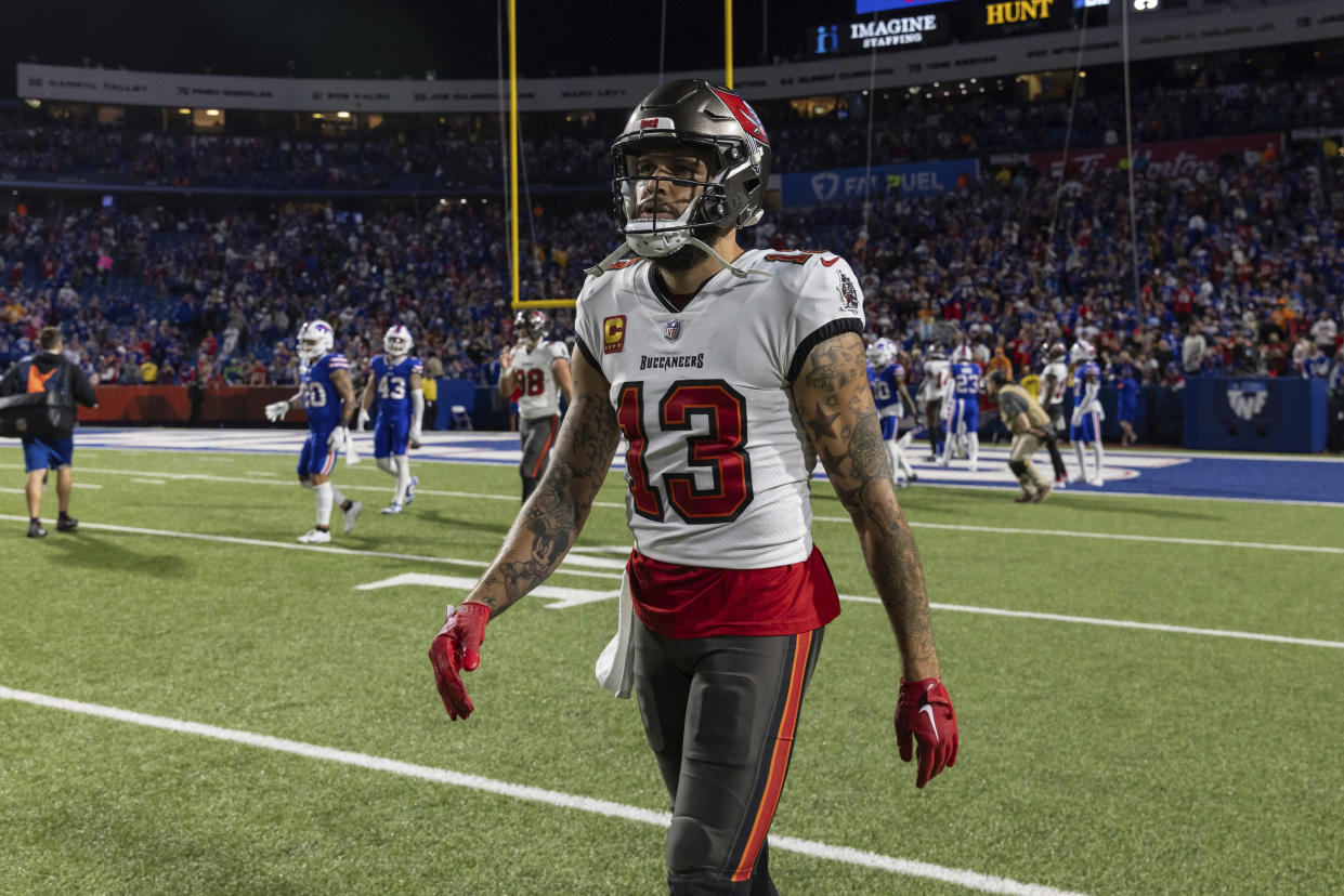 Tampa Bay Buccaneers wide receiver Mike Evans (13) walks off the field after an NFL football game, Thursday, Oct. 26, 2023, in Orchard Park, NY. (AP Photo/Matt Durisko)
