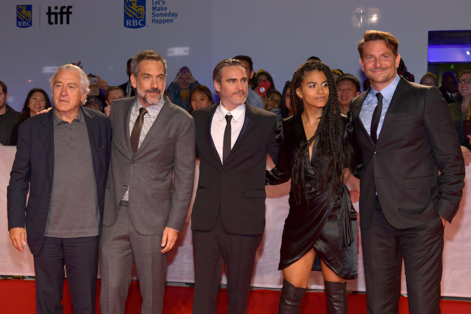 TORONTO, ONTARIO - SEPTEMBER 09: (L-R) Robert De Niro, Todd Phillips, Joaquin Phoenix, Zazie Beetz and Bradley Cooper attend the "Joker" premiere during the 2019 Toronto International Film Festival at Roy Thomson Hall on September 09, 2019 in Toronto, Canada. (Photo by Rodin Eckenroth/WireImage)