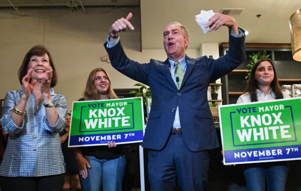 Mayor Knox White celebrates with Marsha White, left, his projected win in Greenville, S.C. Tuesday, November 7, 2023.