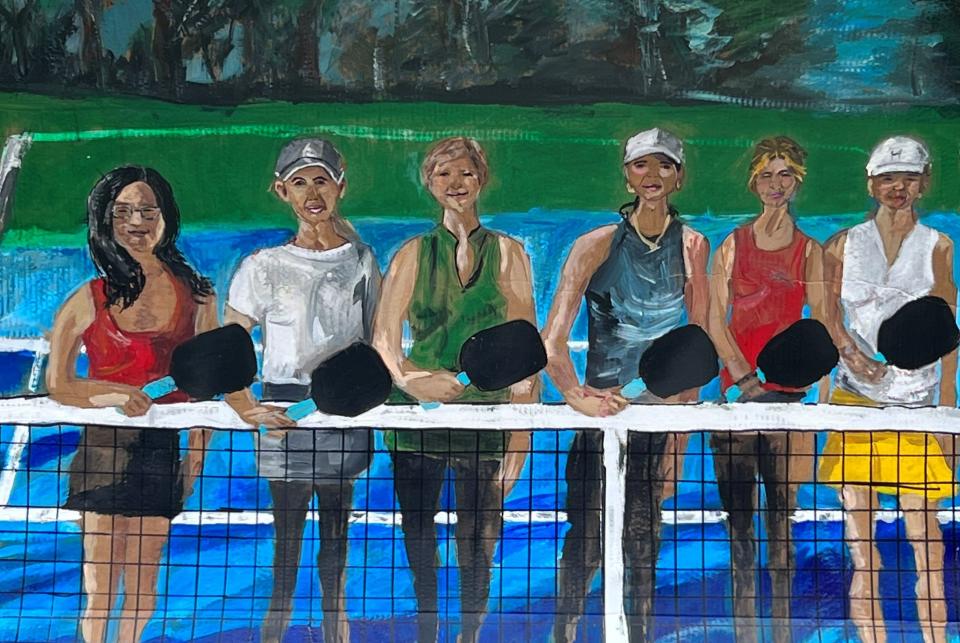 Prospect, Kentucky resident Janet Hayden is so enthuasitc about the sport of pickleball and the friends she's made playing the game that she painted this portait of her teammates.  Left to right, Amy Su, Val Hall, Janet Hayden, Wendy Dowd, Brigid Mahon and Michelle Jennings