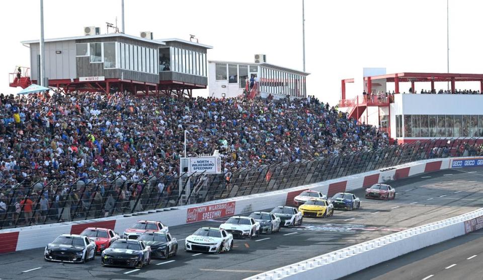 NASCAR drivers head into Turn 1 at North Wilkesboro Speedway during the All-Star Open race on Sunday, May 21, 2023. Josh Berry won the race.