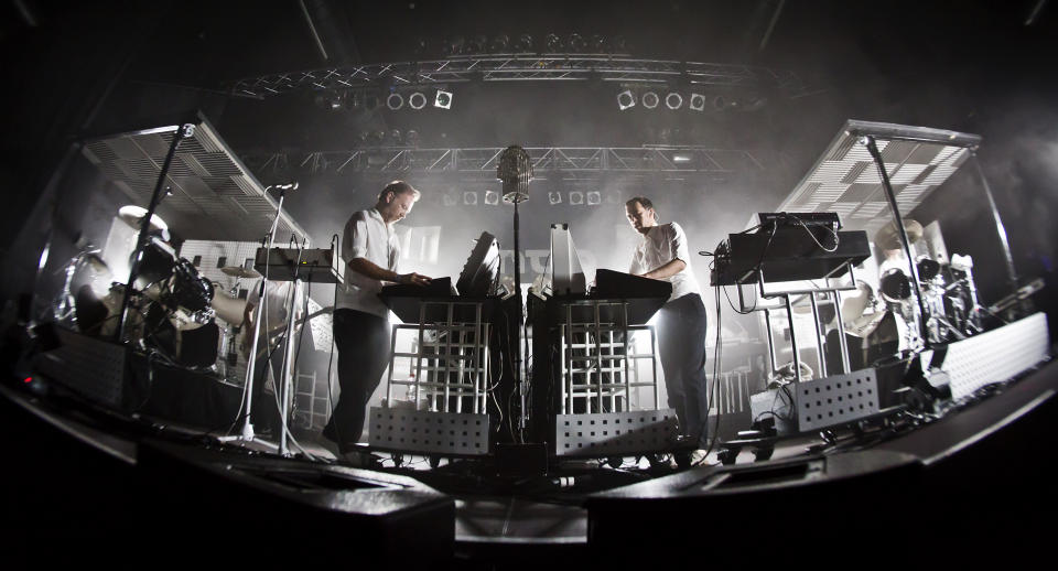 BERLIN, GERMANY - APRIL 01: (EDITORS NOTE: This image was shot with a fisheye lens.) (L-R) Stephen Dewaele and David Dewaele of the Belgian band Soulwax perform live during a jubilee concert of Intro magazine at the Huxleys on April 1, 2017 in Berlin, Germany. (Photo by Frank Hoensch/Redferns)