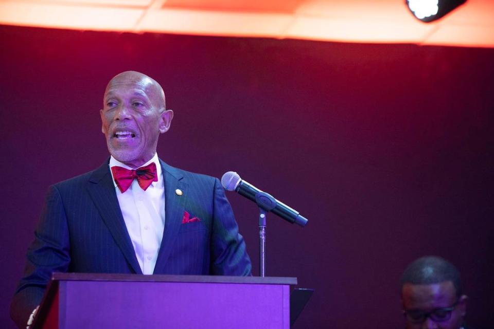 Toastmaster and Role Model G. Eric Knowles, President and CEO of the Miami-Dade Chamber of Commerce, speaks during the 5000 Role Model of Excellence Foundation 2021 Wilson Scholars academic signing ceremony at Jesus People Ministries Church International in Miami Gardens on Sunday, June 27, 2021.