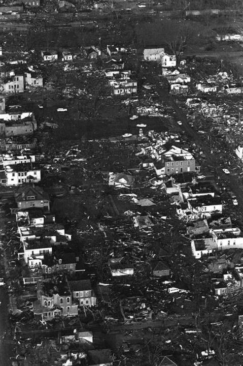 FILE – An aerial view of Xenia, Ohio, which was hit by tornados late April 4, 1974. The deadly tornado killed 32 people, injured hundreds and leveled half the city of 25,000. Nearby Wilberforce was also hit hard. As the Watergate scandal unfolded in Washington, President Richard Nixon made an unannounced visit to Xenia to tour the damage. Xenia’s was the deadliest and most powerful tornado of the 1974 Super Outbreak. (AP Photo/ Barry Thumma, file)