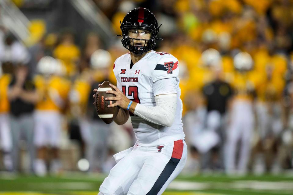 Texas Tech's quarterback Tyler Shough (12) drops back to pass against Wyoming on Sept. 2 at Jonah Field at War Memorial Stadium in Laramie, Wyoming.