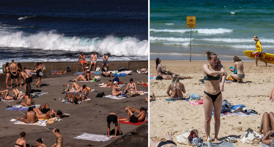 Left, beachgoers lie by the beach. Right, a woman rubs sunscreen into her skin.