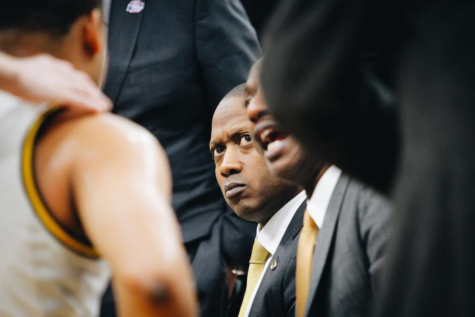 Missouri head coach Dennis Gates watches in the hudde during Princeton's 78-63 win in the Second Round of the NCAA Tournament on March 18, 2023, in Sacramento, Calif.