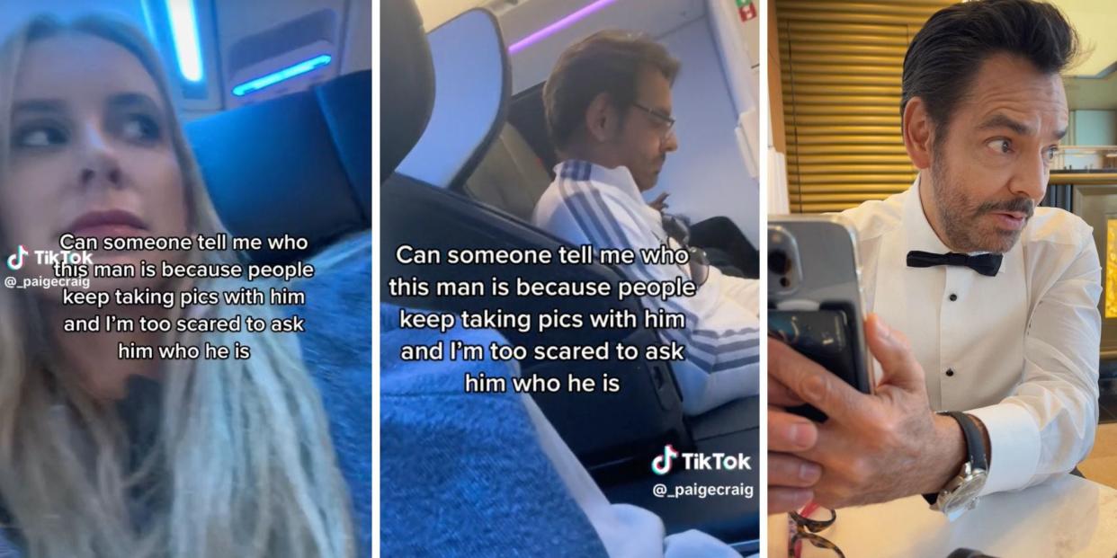 A TikToker filming herself asking who viewers who fellow passenger is, alongside a selfie taken by actor Eugenio Derbez.