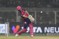 Rajasthan Royals' Jos Buttler plays a shot during the Indian Premier League cricket match between Kolkata Knight Riders and Rajasthan Royals in Kolkata, India, Tuesday, April 16, 2024. (AP Photo/Bikas Das)