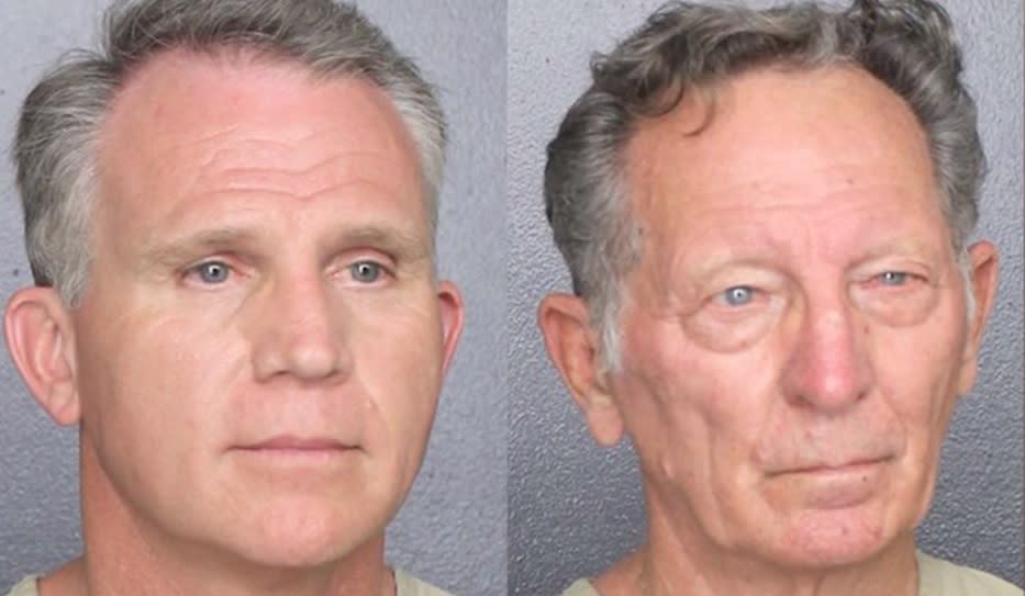 Walter Wayne Brown, de 53 años, y Gary  Brummett, de 81, fueron arrestados en un hotel de Florida por ostentarse como US Marshals y alegar que ello los exentaba de usar mascarillas. (Captura de video CBS / Alguacil del Condado Broward)