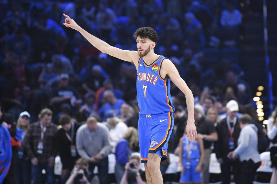 Oklahoma City Thunder forward Chet Holmgren celebrates a basket in the first half of an NBA basketball game against the San Antonio Spurs, Wednesday, April 10, 2024, in Oklahoma City. (AP Photo/Kyle Phillips)