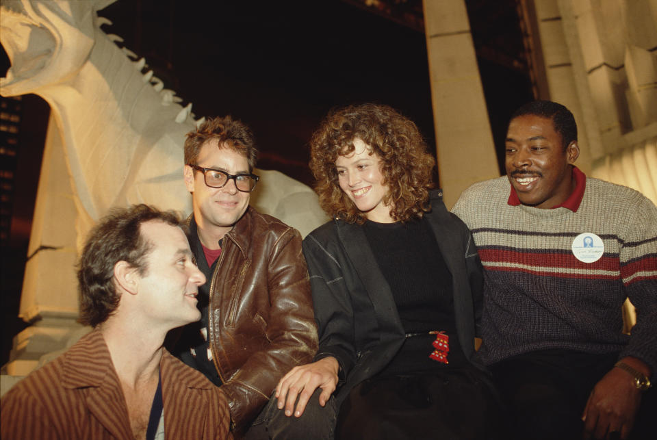 American actor Bill Murray, Canadian actor and screenwriter Dan Aykroyd, and American actors Sigourney Weaver and Ernie Hudson attend the premiere of the movie Ghostbusters, directed and produced by Canadian Ivan Reitman. (Photo by Bill Nation/Sygma via Getty Images)