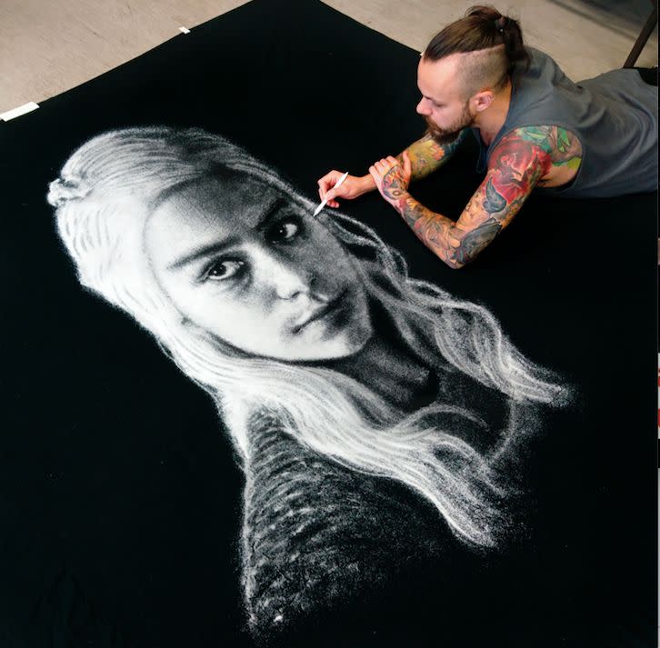 Dino Tomic of Croatia&nbsp;creates detailed pictures by spreading kitchen salt onto a black background. He carefully sprinkles the salt onto a giant canvas from a plastic bottle or a paper cone and uses his fingers to add any finishing touches.
