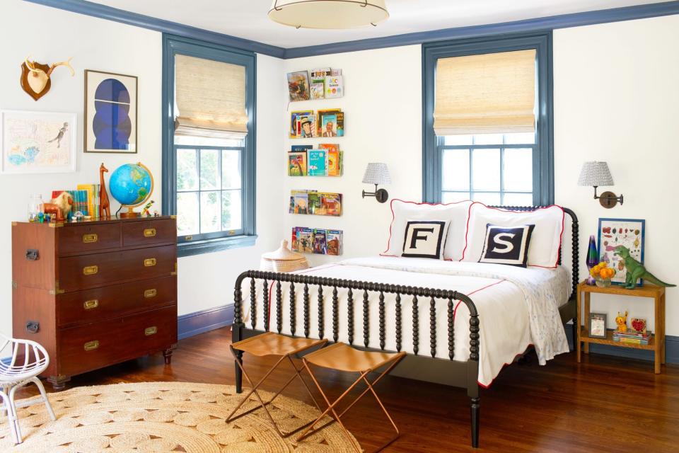 Kids' Bedroom with White Walls and Blue Trim