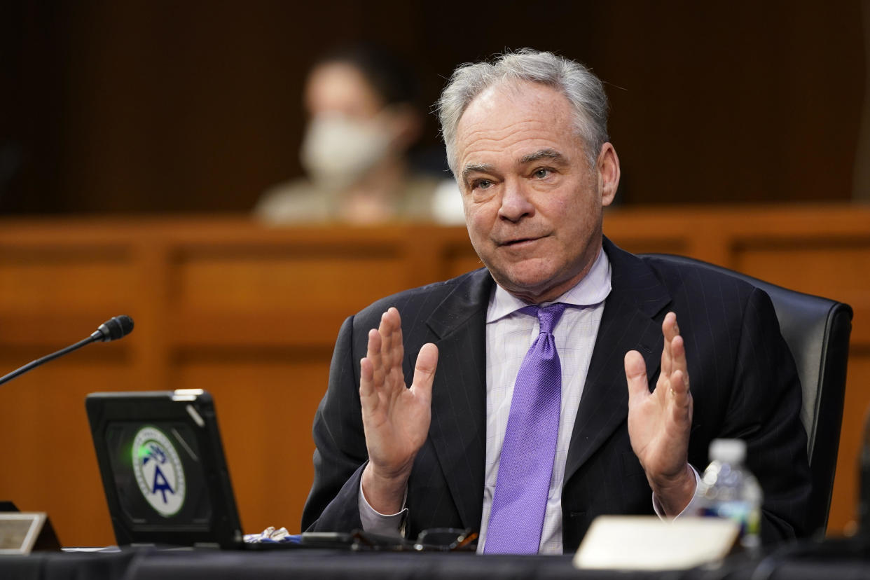 Sen. Tim Kaine speaks during a Senate Health, Education, Labor and Pensions Committee hearing on the federal coronavirus response on Capitol Hill on March 18, 2021, in Washington, D.C. / Credit: Susan Walsh / Getty Images