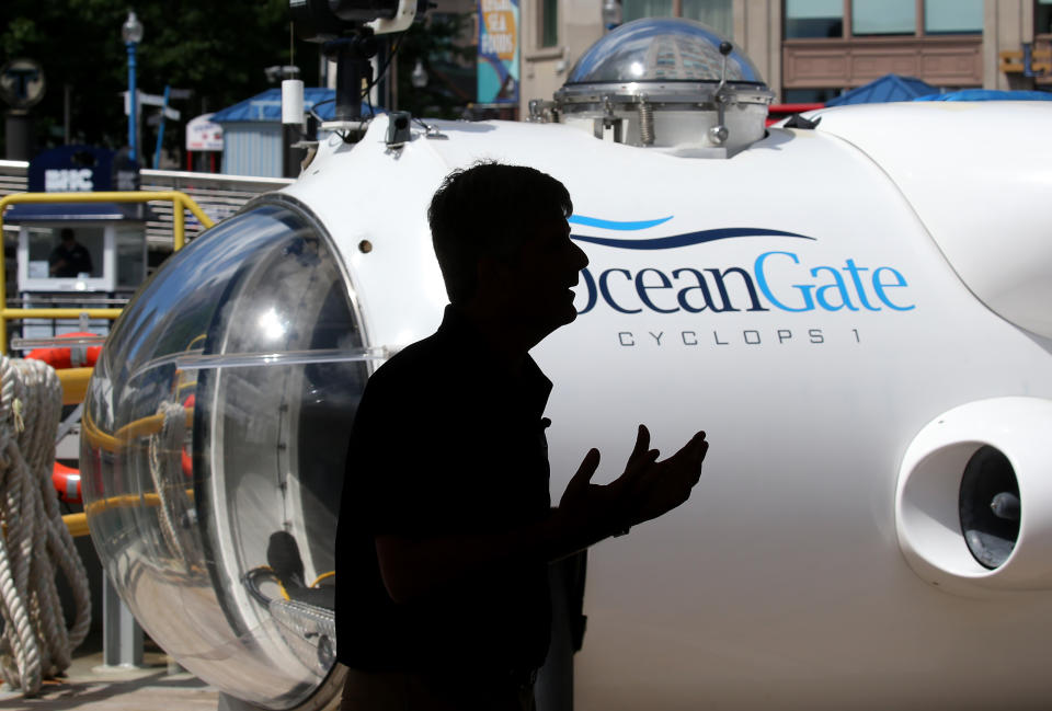 BOSTON, MA - JUNE 13: Stockton Rush, OceanGates chief executive, spoke at a press conference said during a press conference next to the Cyclops 1, a five-person sub that was used by OceanGate to capture detailed sonar images of the Andrea Doria shipwreck. This summer marks the 60th anniversary of the Andrea Doria's sinking, and it was the first time in 20 years that a manned submersible explored the site. OceanGate for the first time ever captured high-definition video footage and 2-D and 3-D sonar images of the legendary Andrea Doria. (Photo by David L. Ryan/The Boston Globe via Getty Images)