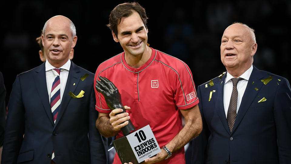 Roger Federer, pictured here after winning his 10th Swiss Indoors title in Basel in 2019.