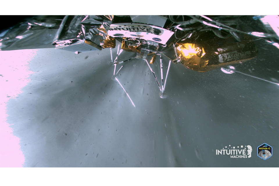 This image provided by Intuitive Machines shows a broken landing leg on the Odysseus lander. The lander touched down near the moon's south pole on Feb. 22, 2024, but then fell over on its side, hampering communications. (Intuitive Machines via AP)