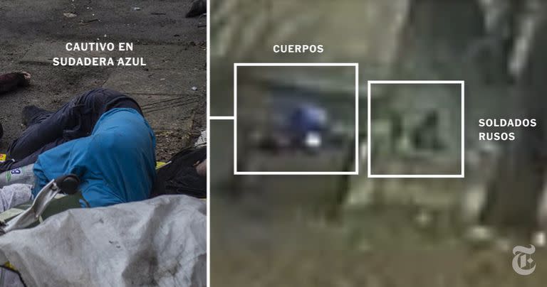 Las imágenes de drones filmadas para el ejército ucraniano y obtenidas por el Times mostraban a soldados rusos de pie junto a los cuerpos de los hombres un día después de la ejecución.