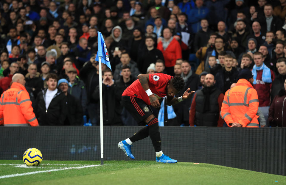 Manchester United's Fred reacts after objects are thrown at him during the Premier League match at the Etihad Stadium, Manchester. (Photo by Mike Egerton/PA Images via Getty Images)