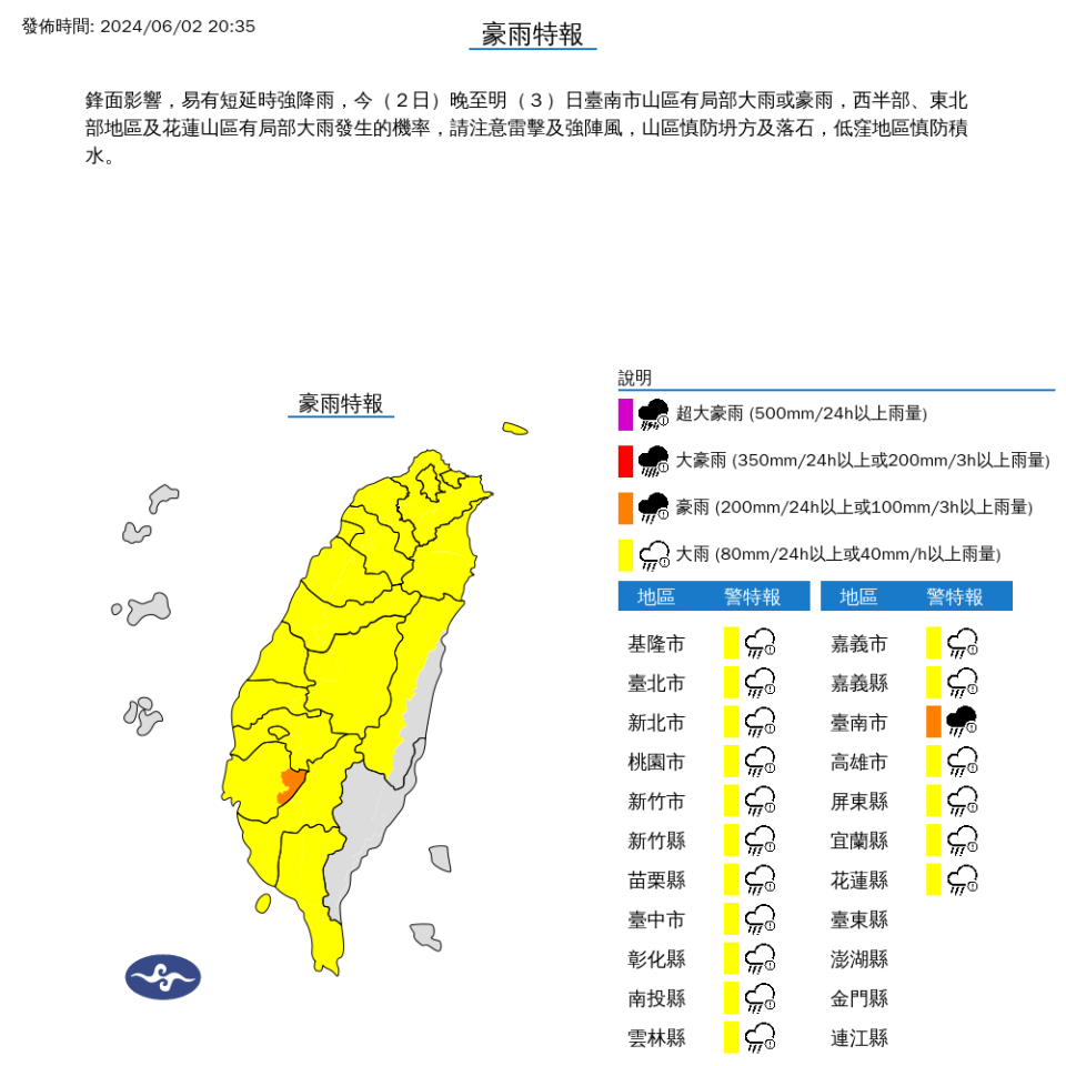 <strong>氣象署豪雨特報。（圖／氣象署提供）</strong>