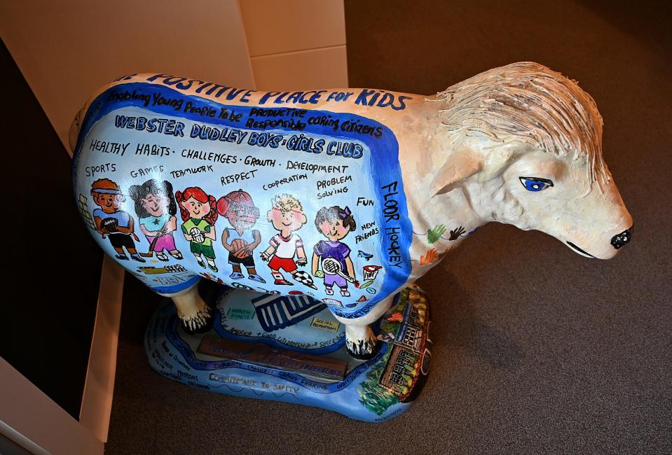 Slater's Sheep currently at the Samuel Slater Experience, is sponsored by Galaxy Development LLC. The creation will move to the Webster-Dudley Boys & Girls Club in Sutton with its name to be chosen by kids at the club. Artist Linda Littleton used images of all the activities and fun things to do at the Boys & Girls Club.