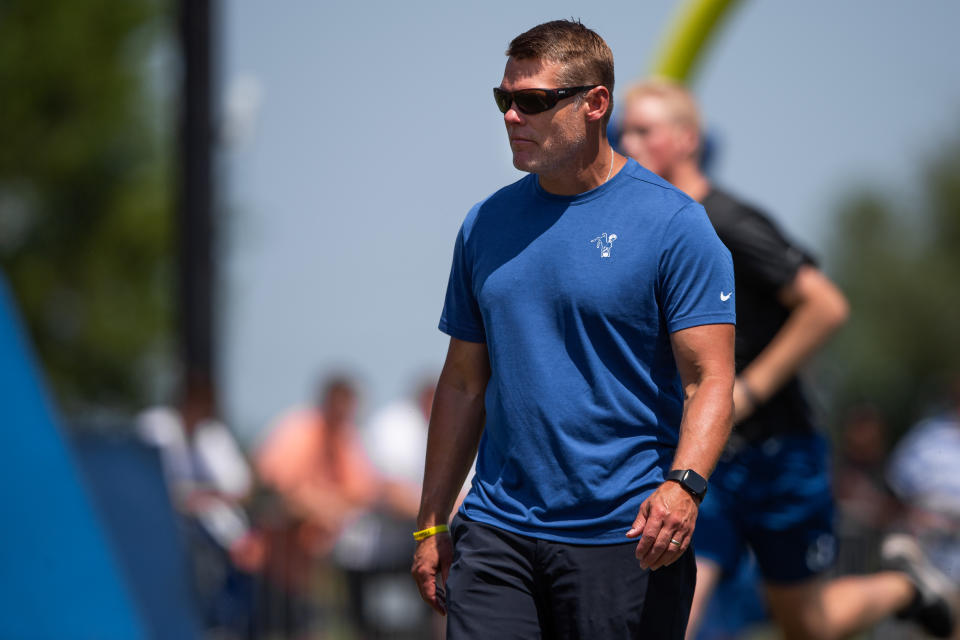 WESTFIELD, IN - AUGUST 03: Indianapolis Colts general manager Chris Ballard watches a drill during the Indianapolis Colts training camp practice on August 3, 2019 at the Grand Park Sports Campus in Westfield, IN. (Photo by Zach Bolinger/Icon Sportswire via Getty Images)