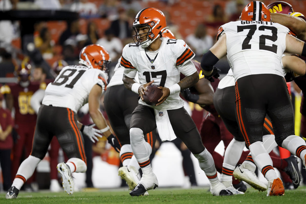 Cleveland Browns quarterback Dorian Thompson-Robinson (17) will get the start in Thursday's preseason game. (AP Photo/Kirk Irwin)