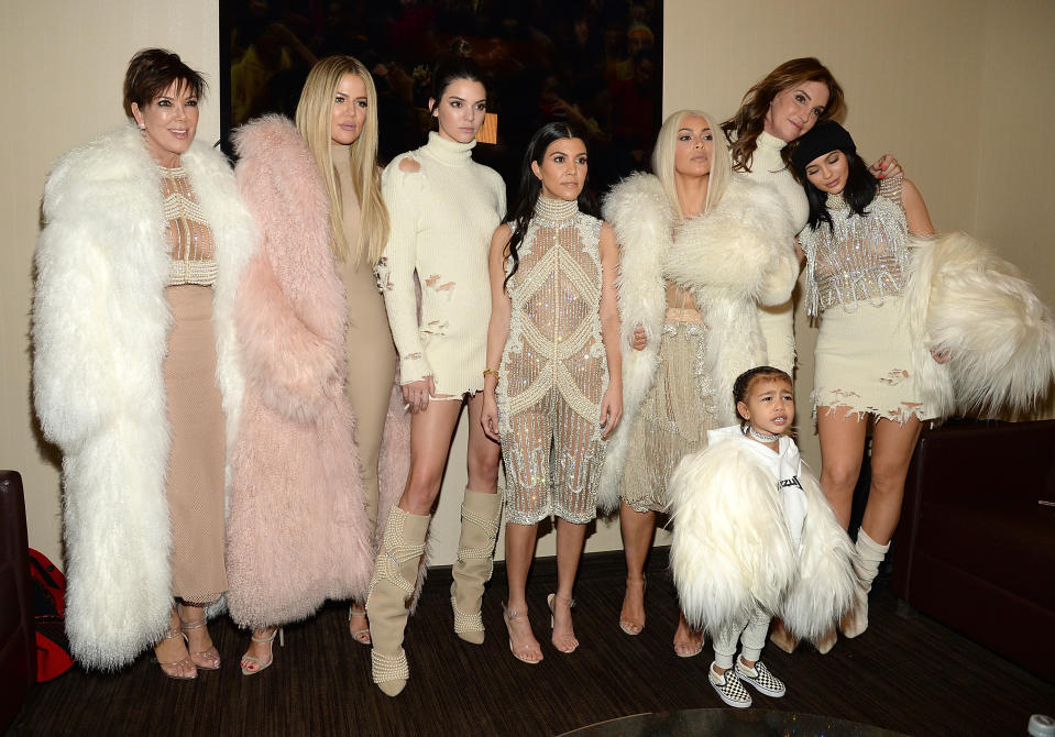 Kris Jenner, Khloe Kardashian, Kendall Jenner, Kourtney Kardashian, Kim Kardashian, Caitlyn Jenner and Kylie Jenner attend Kanye West Yeezy Season 3 at Madison Square Garden on February 11, 2016 in New York City.