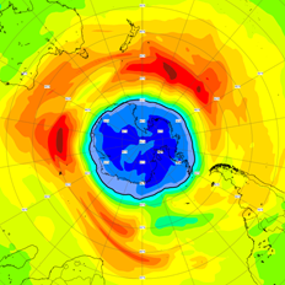 CAMS ozone forecasts for September 14 show low values covering nearly the whole Antarctic continent (Copernicus Atmosphere Monitoring Service/ECMWF)