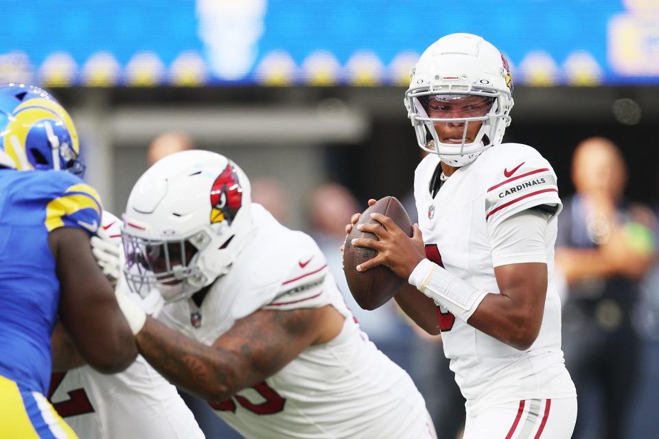 Joshua Dobbs #9 of the Arizona Cardinals looks to pass during the first quarter against the Los Angeles Rams at SoFi Stadium on Oct. 15, 2023, in Inglewood, California.