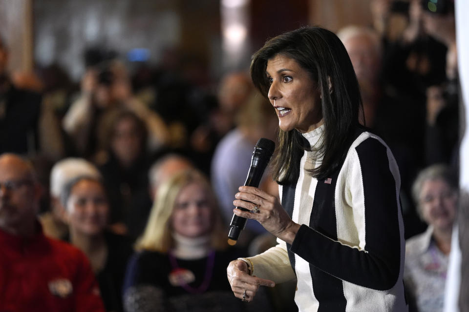 Republican presidential candidate former UN Ambassador Nikki Haley speaks during a campaign event at Jethro's BBQ in Ames, Iowa, Sunday, Jan. 14, 2024. (AP Photo/Carolyn Kaster)