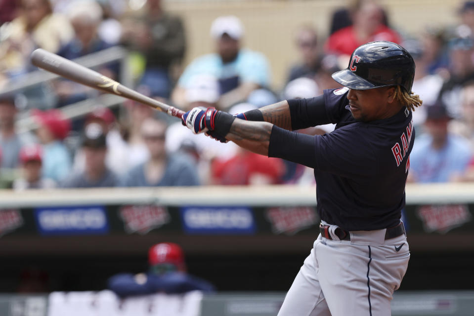Cleveland Guardians' Jose Ramirez follows through on a strike during the first inning of a baseball game against the Minnesota Twins, Sunday, May 15, 2022, in Minneapolis. (AP Photo/Stacy Bengs)