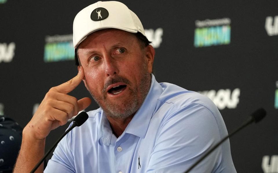 Phil Mickelson speaks during a press conference before the LIV Golf series at Trump National Doral - USA Today/Jasen Vinlove